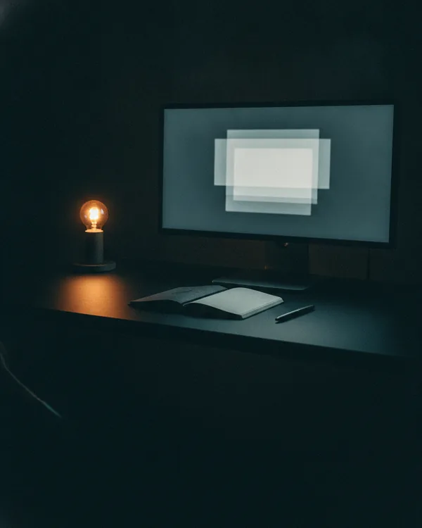 A monitor of soft translucent panels above a notebook on a dark desk.