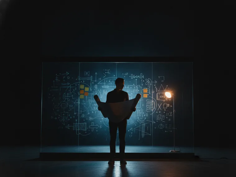 A strategist comparing two sector plans on a glass wall of hand-drawn diagrams in a dark studio.