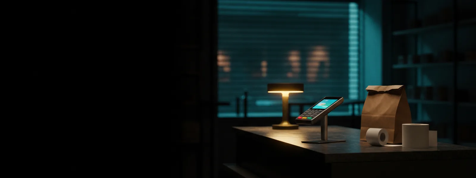 A closed shop counter at night with a card reader on a stand, a folded paper bag and a receipt roll under one small lamp.