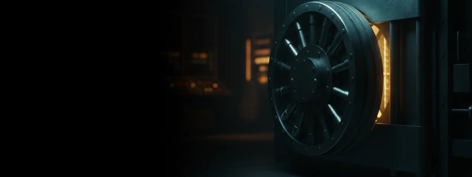 A heavy steel vault door standing slightly ajar in a dark room, warm light spilling from the gap behind it.