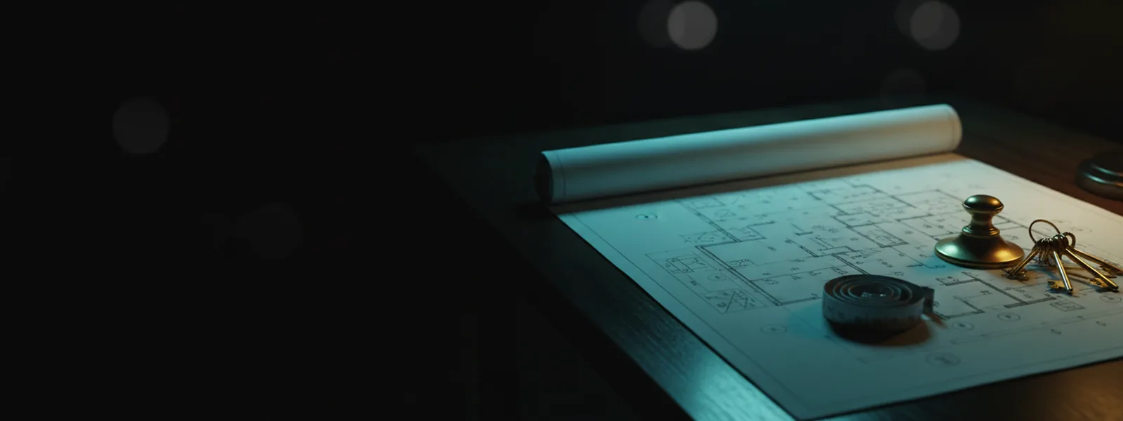 An architectural floor plan unrolled across a dark table, weighted with a brass paperweight beside a ring of keys and a tape measure.