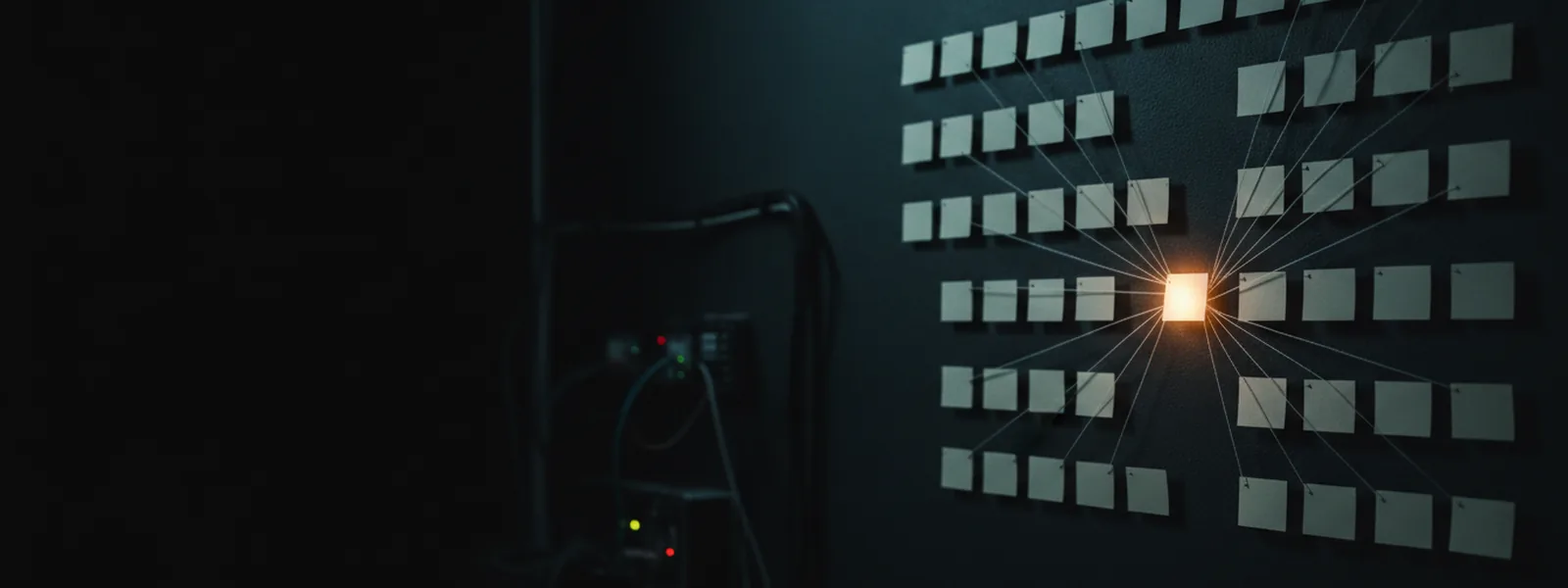 A dark wall pinned with a grid of blank cards joined by threads into a branching flow, one card lit warm amber at the centre.