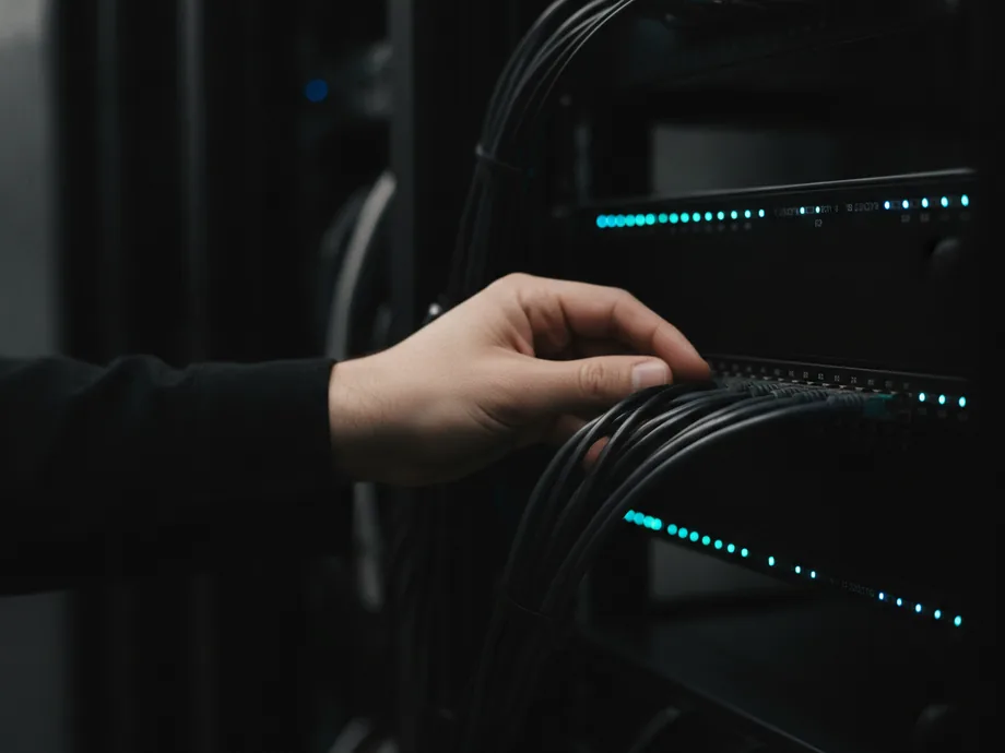 A hand tracing patch cables between two rack panels in a dim server room.