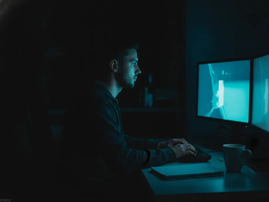 A media buyer working at a two-monitor desk at night, lit blue by the screens.
