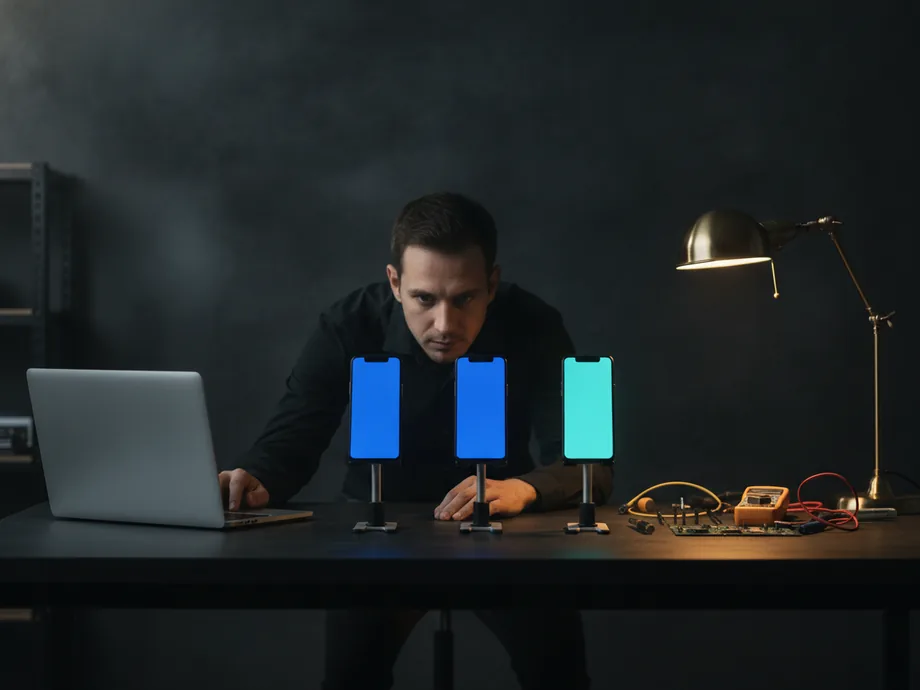 A test engineer checking three phones and a tablet held in stands on a workshop bench.
