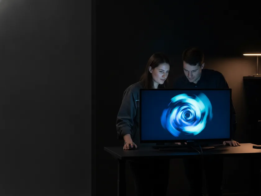 A product engineer and a teammate reviewing a large monitor together at a standing desk.