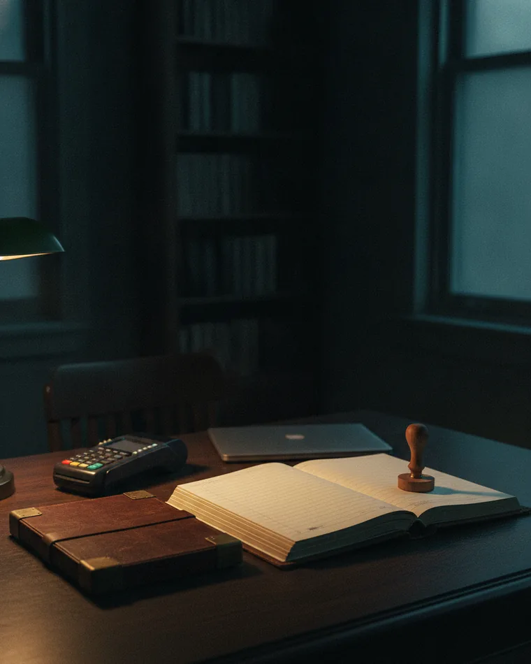 A heavy binder open at blank ruled pages on a dark table, a card reader and a stamp beside it.