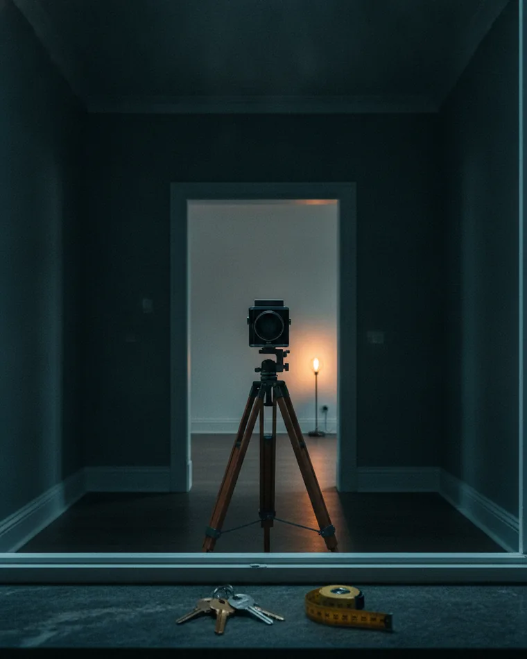 A camera on a tripod facing an empty softly lit room, keys and a tape measure on the sill in front.
