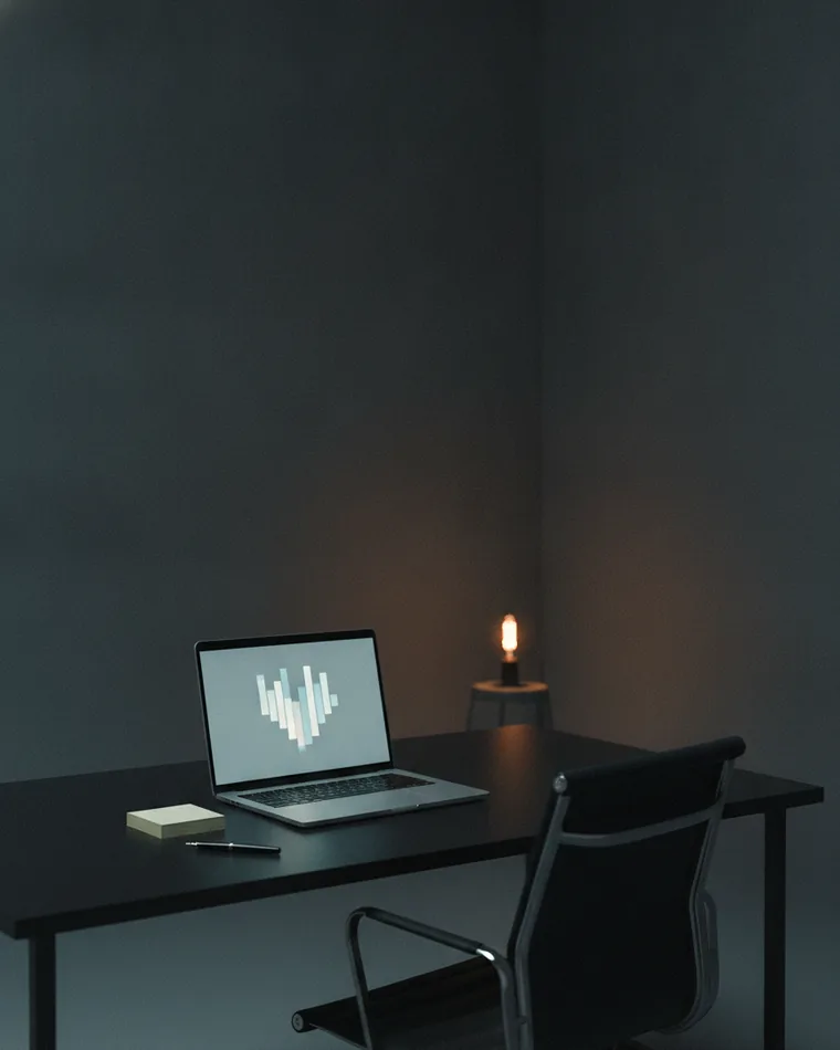 A laptop on a dark desk showing a soft out-of-focus funnel of pale bars, blank index cards in front.