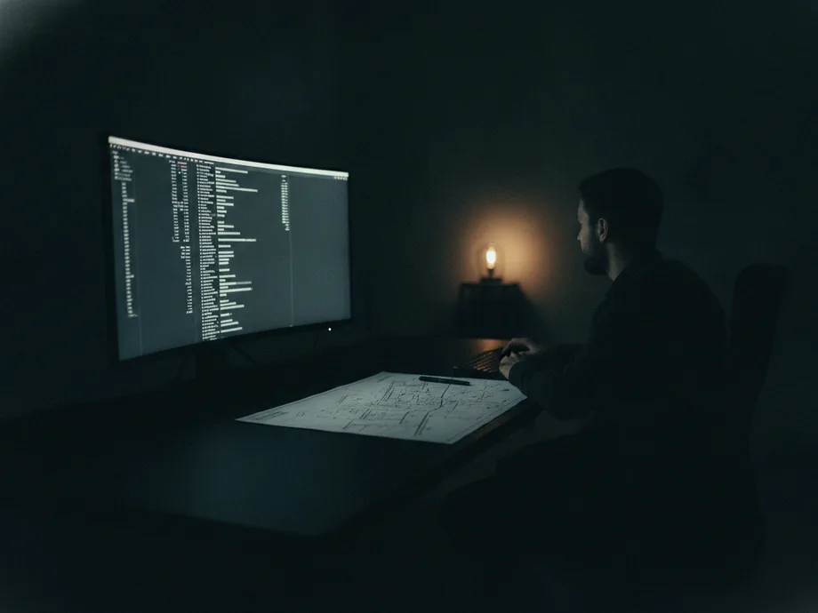 An engineer at a dark desk watching a wide monitor of soft page-timing bars, a printed site map beside the keyboard.