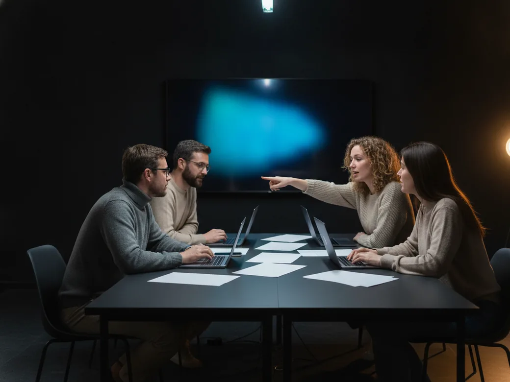Four senior team members around a dark desk, marking up a printed build order beside a wall display.