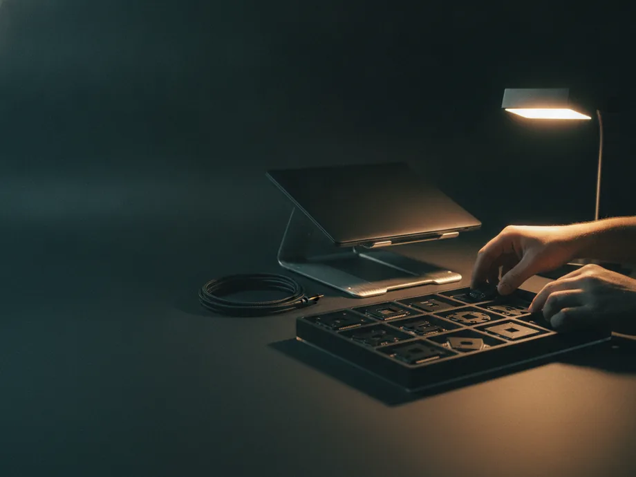 A pair of hands over a tray of small unmarked hardware modules on a dark workbench, one warm lamp to the side.