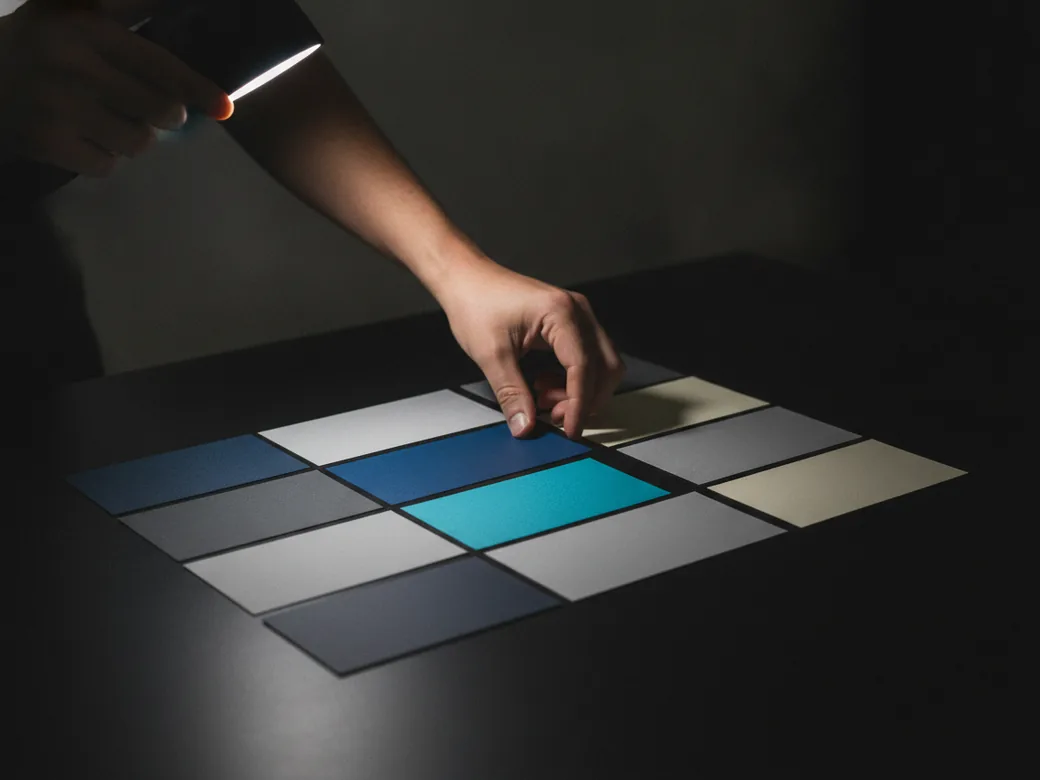 A designer laying colour swatch cards and paper samples out in a grid on a dark table.