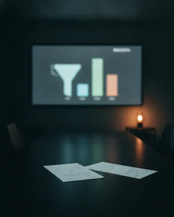 A wall screen of out-of-focus funnel shapes above a dark meeting table.