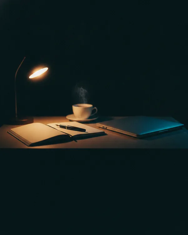 An open blank notebook and fountain pen on a writing desk beside a warm lamp.