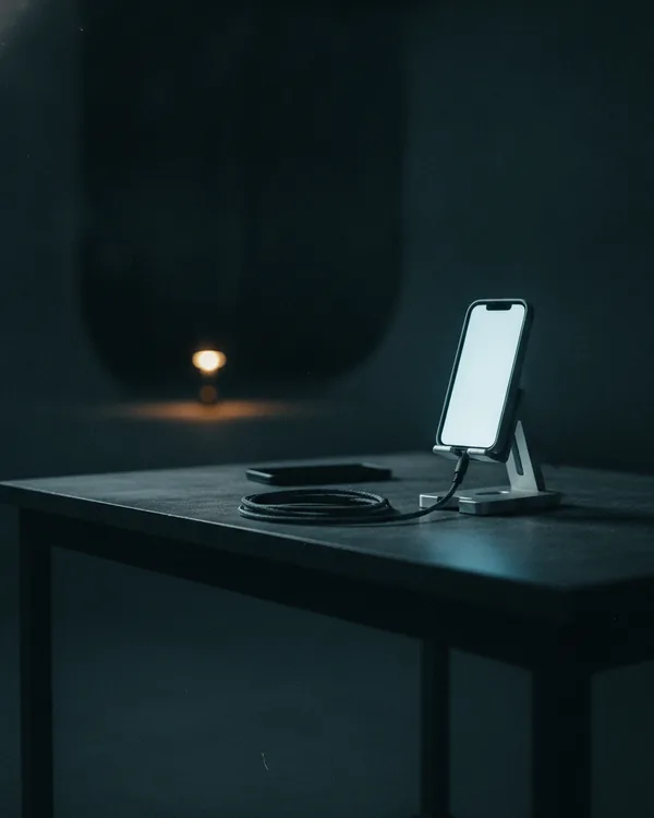 A phone clamped upright in a metal stand on a dark bench, its screen lit pale blue.