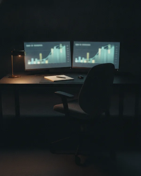 Two angled monitors of blurred chart shapes above an empty media desk at night.