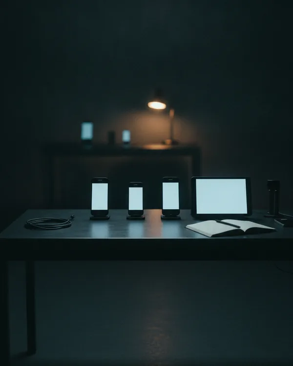 A row of handsets and a tablet standing in test rigs on a dark bench.