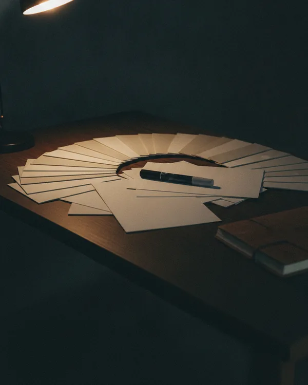 Blank paper sheets and swatch chips fanned across a dark table with a marker.