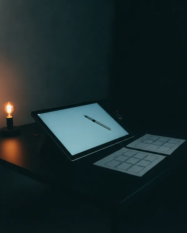 A pen-display tablet and stylus beside printed wireframe sheets on a black desk.