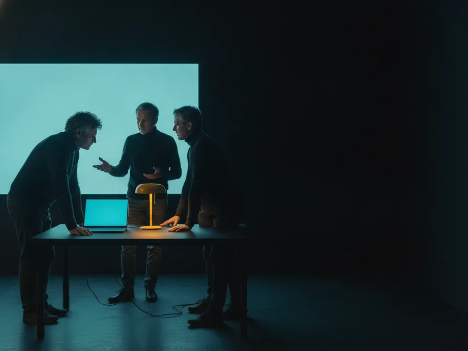 Three colleagues standing around a dark desk in a night studio, talking over an open laptop lit by a small amber lamp.