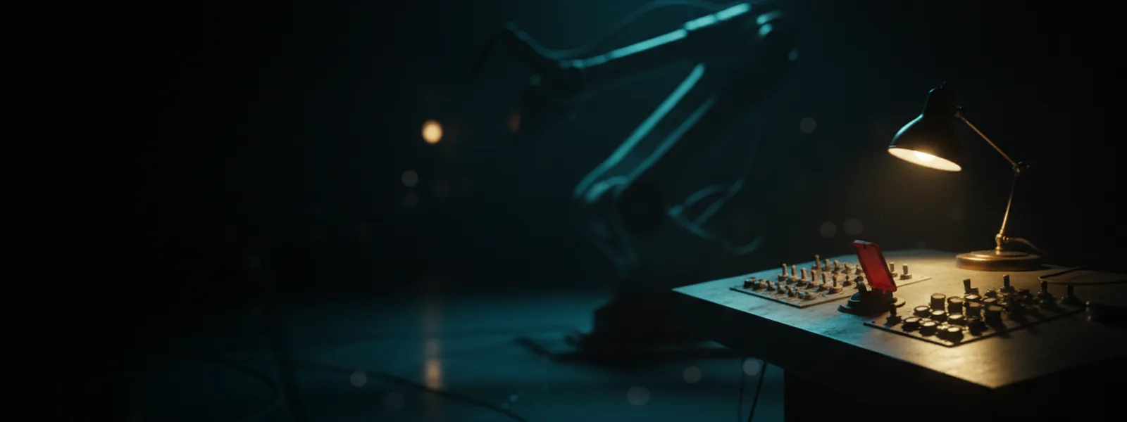 A control desk at night with heavy toggle switches and a guarded key switch, a robotic arm resting behind.