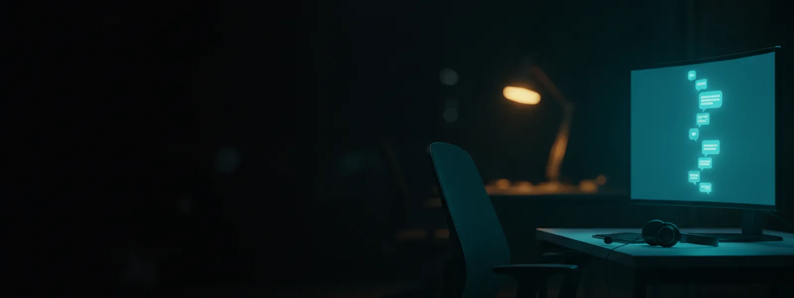 A quiet support desk at night, a headset on the table beside a monitor lit with a column of message bubbles.