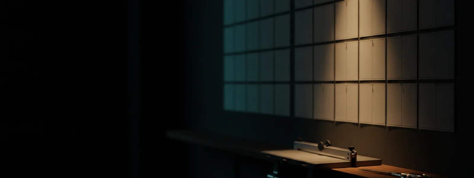 A dark studio wall pinned with a grid of printed page layouts under one narrow lamp beam.