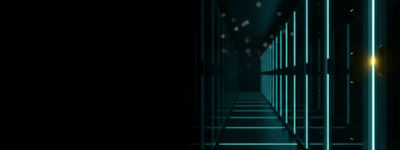 A data-centre aisle receding in perspective, thin cold light strips running along floor and ceiling.