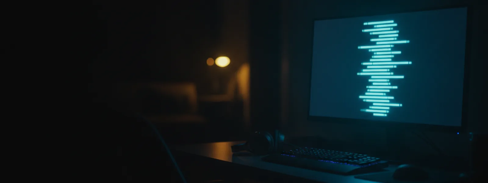 A single monitor on a dark desk showing a stacked column of glowing run bars above a mechanical keyboard.