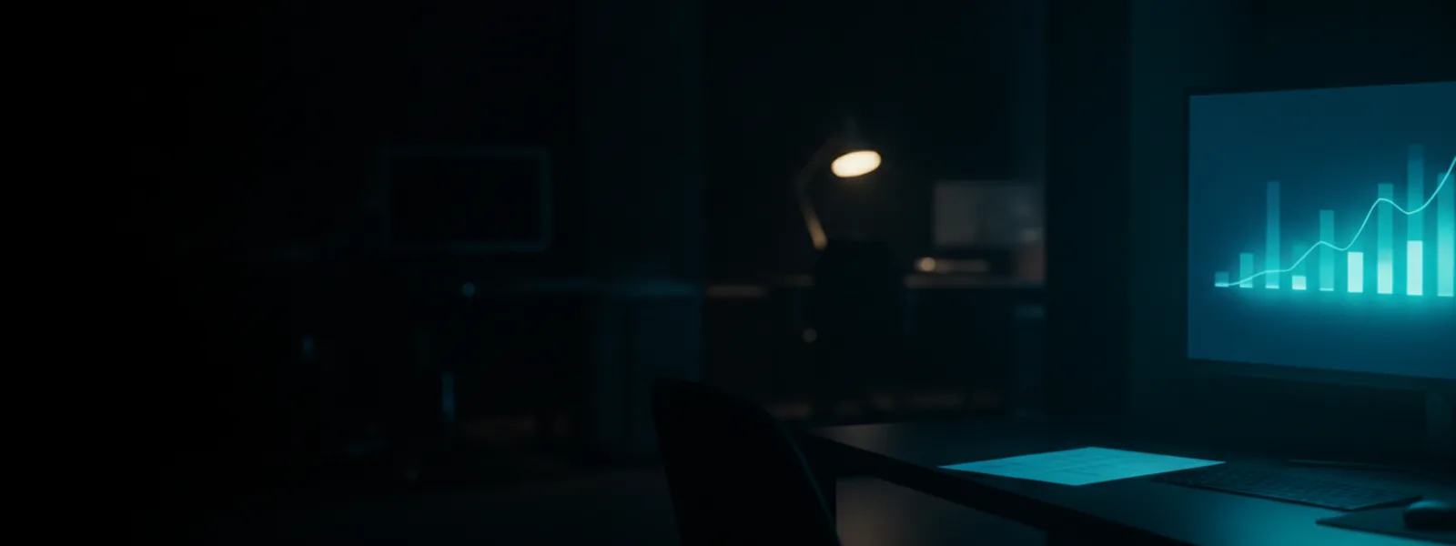 An analyst's dark desk with a wide monitor showing glowing bars and a rising line beside a printed plan.