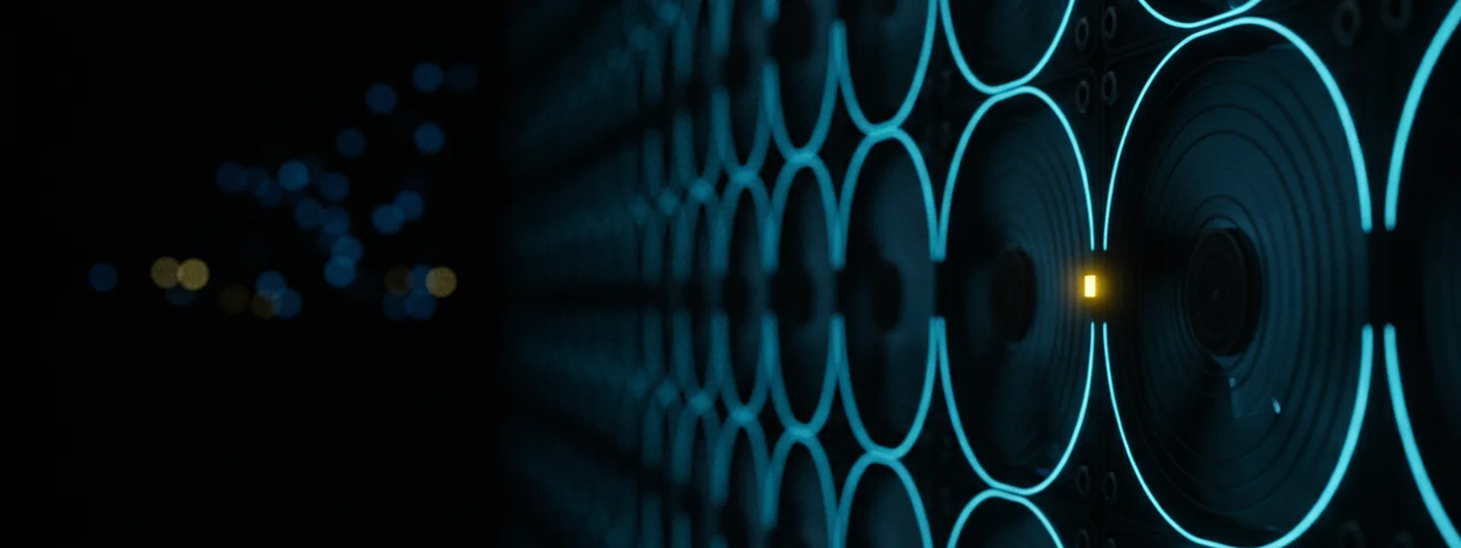 Close-up of a wall of server cooling fans, blades caught in slight motion blur under cold light.