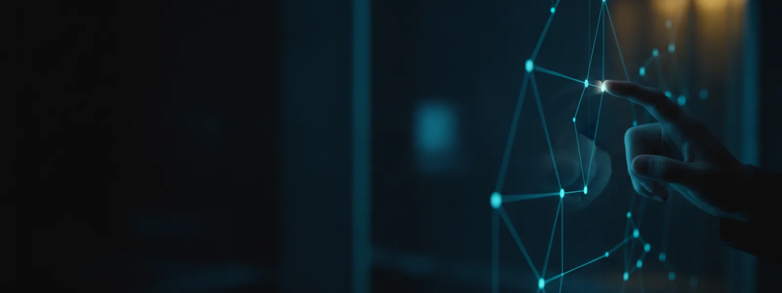 A hand tracing one edge of a luminous node graph drawn across a tall glass panel in a dark room.