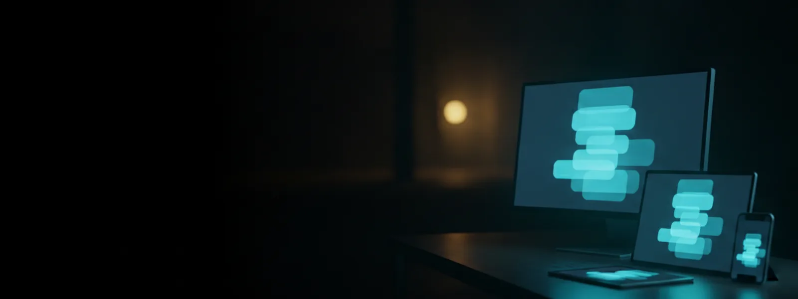 A monitor, a tablet and a phone on one dark desk, all three carrying the same glowing stack of content blocks.