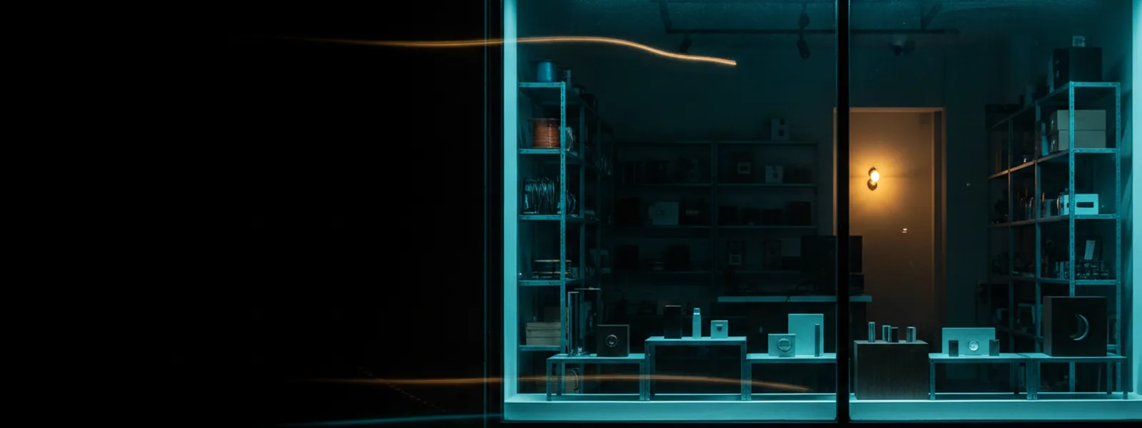 A lit shop window at night with the dim stockroom shelving visible through a second pane behind it.