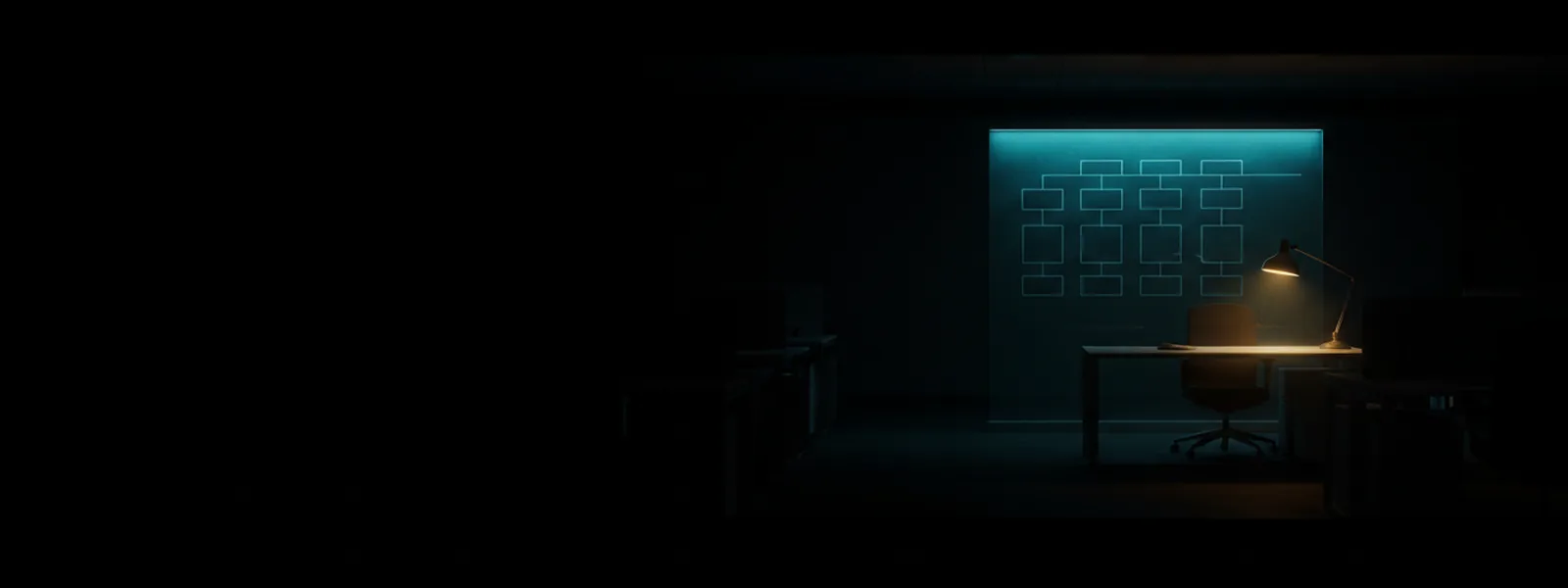 One lit desk on an empty sales floor at night, a glass board behind it ruled into ranked pipeline columns.