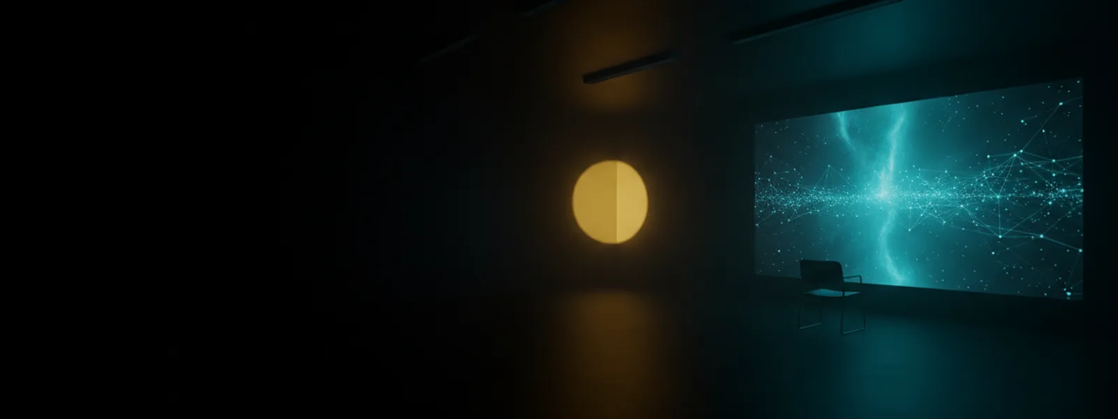 A wall display in a darkened room showing a drifting constellation of points joined by faint threads.