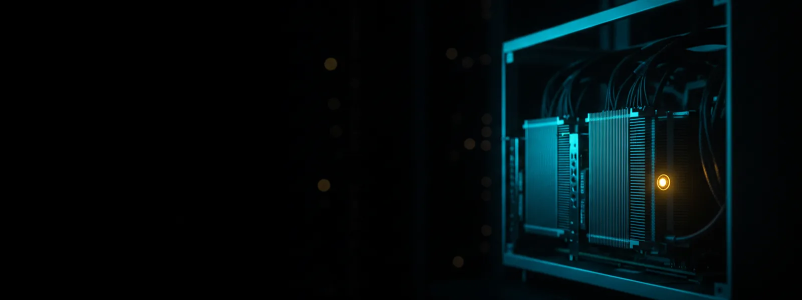 An open compute rig in a dark lab, two finned graphics cards exposed with power cables braided behind.