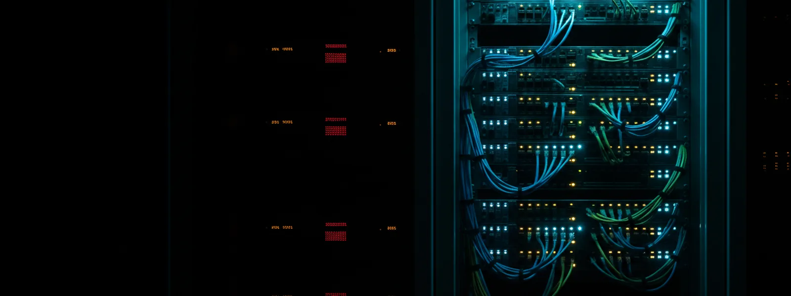 A server rack in a dark machine room, its front a dense field of looped patch cables and indicator lamps.