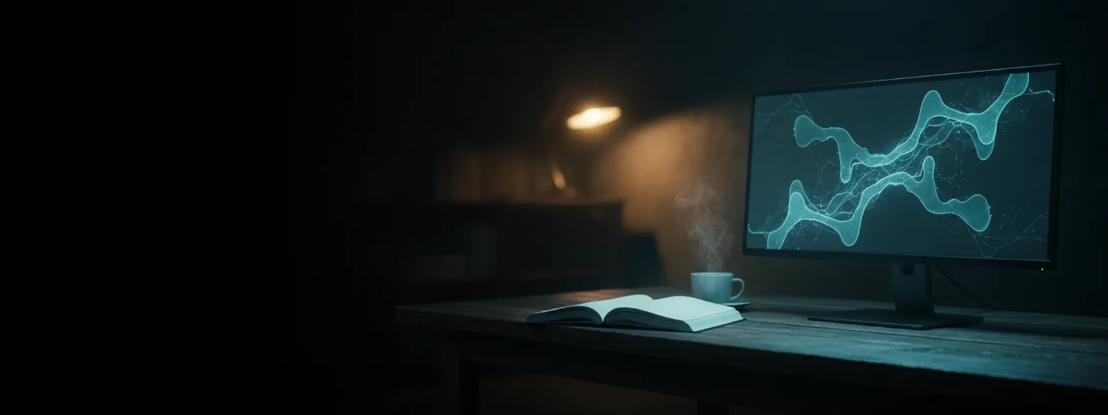 A wide monitor on a dark workbench showing a glowing flow of connected nodes beside an open notebook.