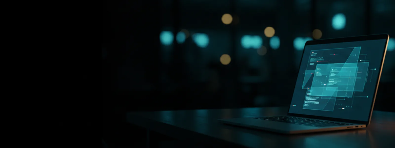 A laptop open on a dark desk at night, its screen lit with soft blue interface panels, city bokeh blurred behind it.