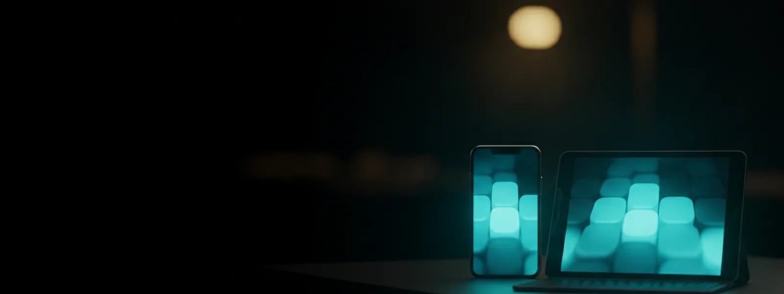 A phone and a tablet propped side by side on a dark desk, both carrying the identical glowing layout.