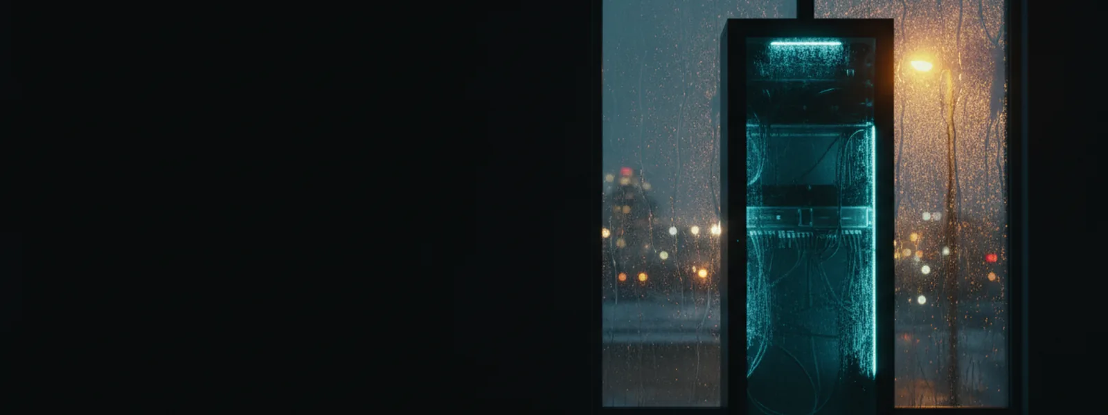 A server cabinet standing beside a tall window streaked with night rain, city light diffusing on its panel.