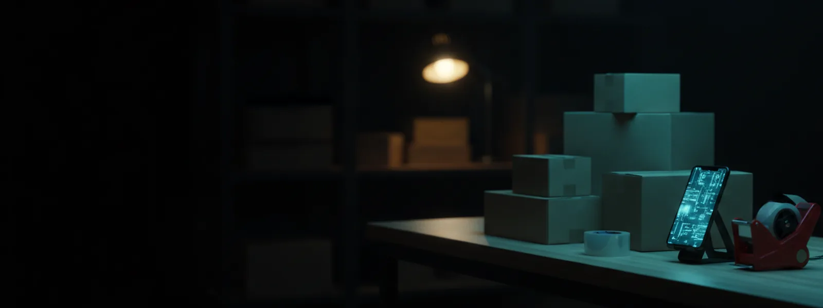 A packing bench at night with flat cartons and a tape gun, a phone on a stand glowing with a product grid.
