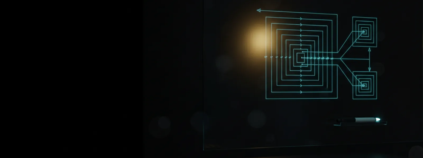 A glass whiteboard in a darkened room carrying luminous nested boxes and connecting arrows.