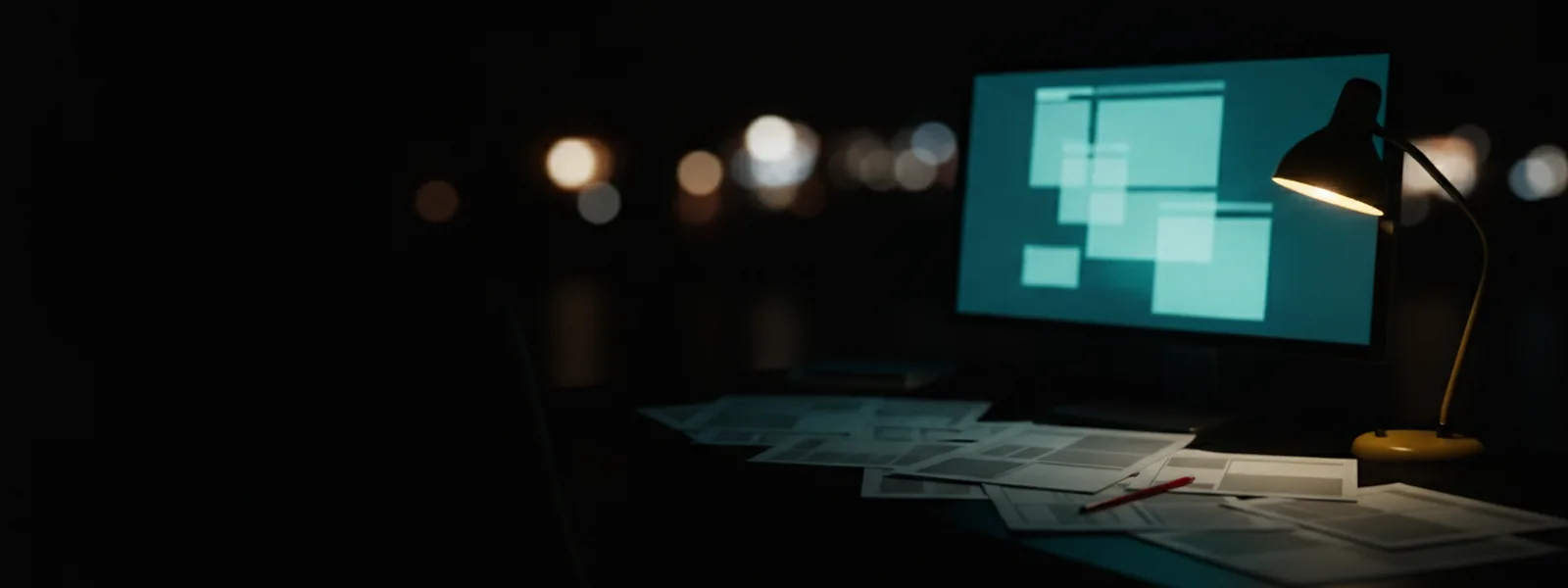 Printed proof pages spread across an editor's desk at night with a red pencil and a glowing monitor behind.