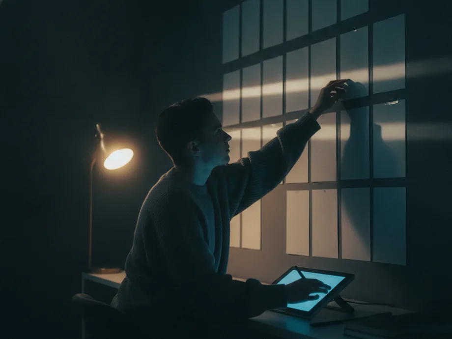 A designer at a dark studio wall of pinned blank screen layouts, reaching up to move one, a lit drawing tablet on the desk below.