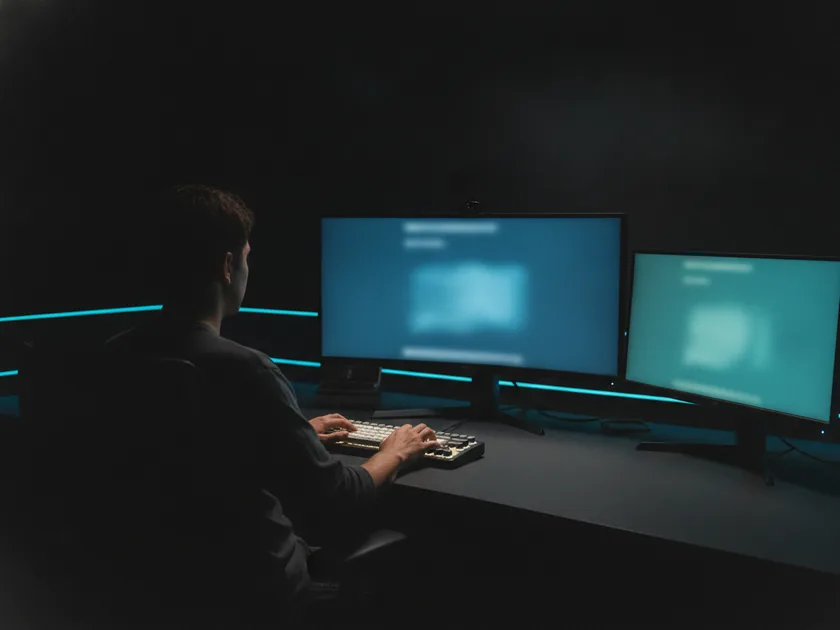 A front-end engineer at a wide desk, hands on the keyboard in front of two glowing displays.